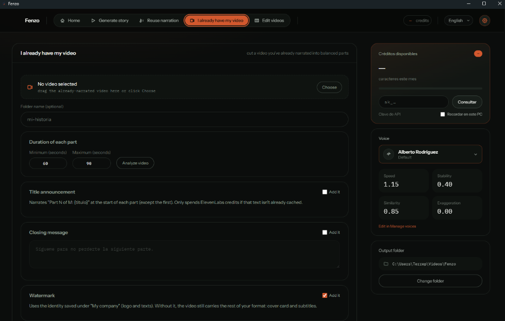 Interfaz de Fenzo: cortar un video ya narrado