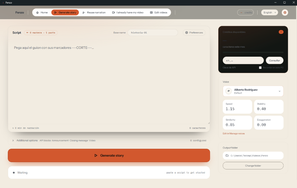 Interfaz real de Fenzo: generar historia desde un guion